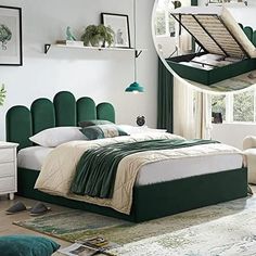 a bedroom with white walls and green headboard