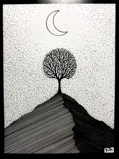 a drawing of a tree on top of a hill with the moon in the sky