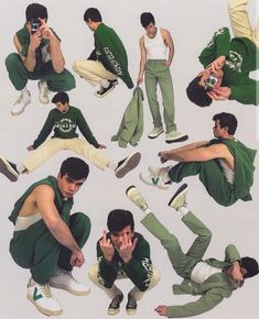 a collage of young men in green and white outfits with their hands on their hips