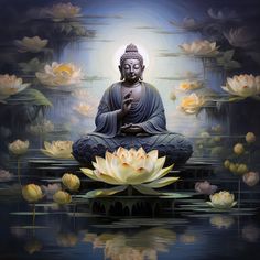 a buddha statue sitting on top of a body of water surrounded by lilies and lily pads