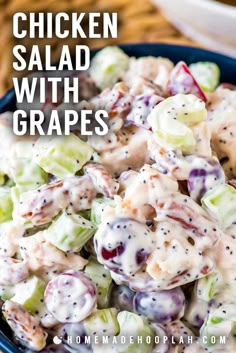 chicken salad with grapes in a blue bowl