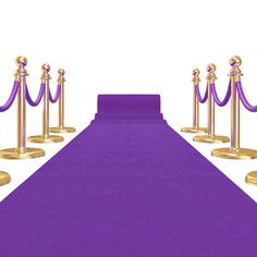 a purple carpet with gold poles and ropes on it for an entrance to a ceremony