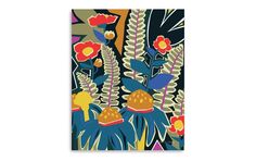 an abstract painting with flowers and leaves on a blue background, in the style of art deco