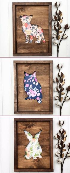 three wooden frames with flowers and animals on them, one is made out of wood