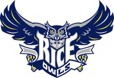 an owl with the word rice owls on it's chest and wings, in front of