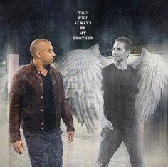 two men walking next to each other in front of an angel with the words you will always be my brother