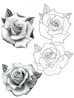 three roses are shown in black and white, one is drawn with markers on paper