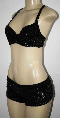 black sequin boyshorts & bra dance costume Black Two Piece Dance Costume, All Black Dance Outfit, Can Can Dancer Costume, Burlesque Halloween Costumes, Can Can Dancer, Black Dance Costumes, Showcase Ideas, Feather Costume, Pretty Dance Costumes