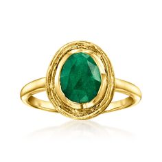 Ross-Simons - 2.30 Carat Emerald Ring in 18kt Gold Over Sterling. Size 9. Showing off classic color in an organic design, this well-priced ring features a 2.30 carat oval emerald wrapped in textured and polished 18kt yellow gold over sterling silver. 1/2" wide. Emerald ring. Emerald birthstones are the perfect gift for May birthdays. Jewelry Infographic, Emerald Ring Simple, Silver Emerald Ring, Emerald Earrings Drop, Jewelry Presentation, Emerald Birthstone, Emerald Rings, Natural Gold, Ring Simple