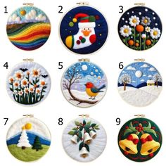 twelve handmade christmas ornament designs with snowmen, trees and flowers on them