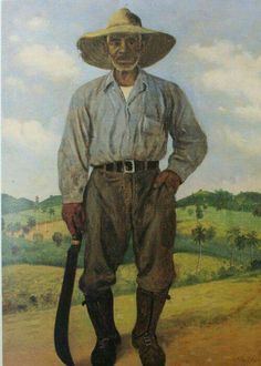 a painting of a man with a hat and cane standing in front of a field