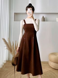 Corduroy Suede Double Button Cami Dress (2 Colors) Stylish Outfits 2024 Autumn, Basic Modest Outfits, Cute Modest Outfits Aesthetic, Brown Dress Outfit, Suede Midi Dress, Skirt Tulle, Simple Frocks, Modesty Outfits, Modest Dresses Casual