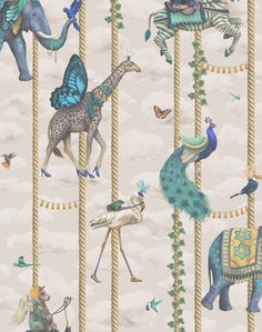 an elephant, giraffes and birds are depicted in this wallpaper