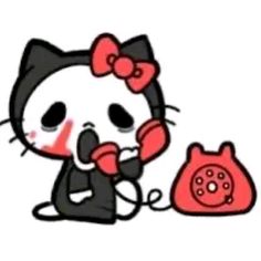 hello kitty talking on the phone with an old telephone