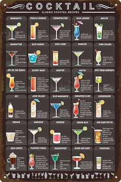 a poster with different types of cocktails on the menu for each type of drink