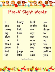 the pre - k sight words are displayed in this poster for children to learn how to read