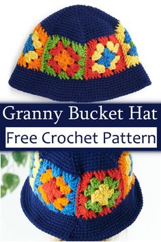 two crocheted hats with the text granny bucket hat free crochet pattern