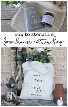 a bag with the words how to stencil a farmhouse etten bag on it