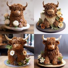 there are three pictures of the same cow on this cake, one with flowers in it