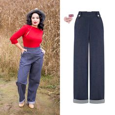 Inspired by one of the world's most famous actors and singers, Marilyn Monroe, these 40s/50s western-style jeans are a wardrobe must-have for the modern woman! They're made from a slightly stretchy medium denim weight to give the trousers a feminine touch. High-waisted, of course, with belt loops all the way around and embellished loops at the front to cinch in the waist. You'll find practical pockets at the front and one at the back, just in case. Then they've been finished with rolled-up cuffs Retro Jeans Shaped As Trousers For Fall, Retro Trousers Jeans For Fall, Retro Denim Workwear Bottoms, Retro Denim Bottoms For Workwear, Vintage Dark Wash Pants For Fall, Retro High-waist Jeans For Workwear, Retro High Waist Jeans For Work, Vintage Denim Blue Jeans For Work, Retro Denim Tapered Leg Pants