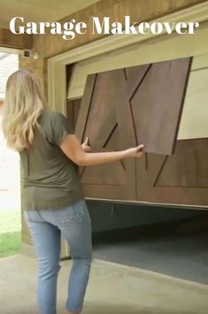 a woman standing in front of a garage door with the words garage makeover written on it