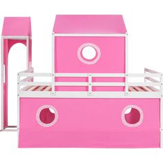 a pink doll house with stairs and furniture