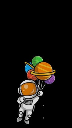 an astronaut floating in the air with balloons attached to his back and planets on top