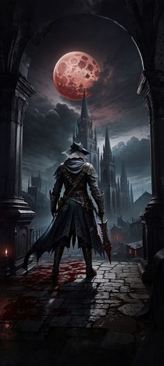 a knight standing in front of a castle at night with the moon behind him and blood on the ground