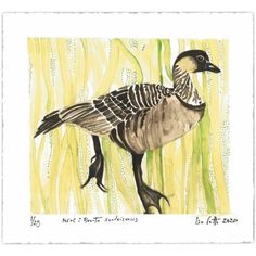 a watercolor painting of a duck standing in tall grass with the caption's name