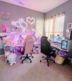 a child's bedroom decorated in pink and purple