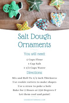 an advertisement for salt dough ornaments on a wooden board with instructions to make them