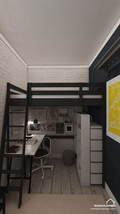 a loft bed with desk underneath it in a room that has white brick walls and wood flooring