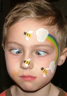 bee and rainbow face painting design - fun! Bee Face Paint, Kids Face Painting Easy