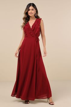 Arrive on the scene knowing all eyes will be on you when you step out in the Lulus Major Elegance Wine Red Sleeveless Ruffled Wrap Maxi Dress! Airy woven chiffon shapes this gorgeous gown that features a surplice neckline and a sleeveless bodice adorned with chic ruffle trim. A slender tie threads the waist and secures at the side to create an adjustable fit, atop a flowy, A-line skirt with an overlapping design and a sweeping maxi hem. Fit: This garment fits true to size. Length: Floor length. Overlapping Design, Ruffle Gown, Wrap Maxi Dress, Surplice Neckline, All Eyes, Gorgeous Gowns, Maxi Wrap Dress, Cup Size, Full Skirt