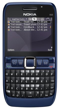 a blue nokia cell phone with the screen turned on