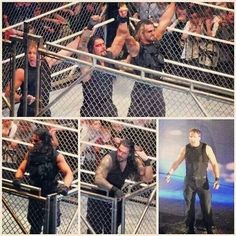 multiple pictures of the wrestler in his cage