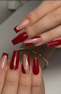 Red Elegant Nails Classy, Red And Gold Nails Square, Red Acrylic Nails Ideas, Nails Bailarina, Nails After Acrylics, Grunge Nails, Uñas Acrilicas