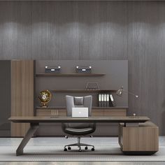 an office with a desk, chair and bookcase on the wall next to it