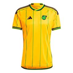 a yellow soccer jersey with green stripes on the chest and bottom, in front of a white background