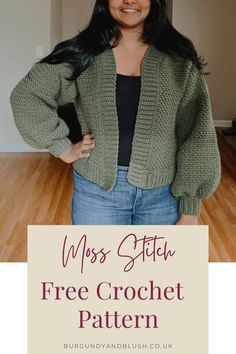 a woman wearing a green cardigan with text overlay that reads miss stitch free crochet pattern