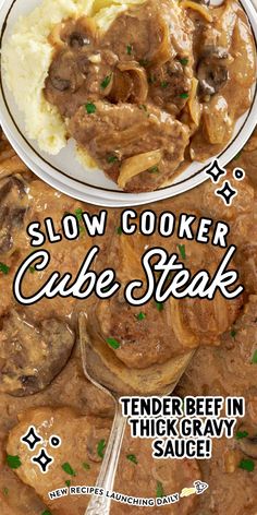 the cover of slow cooker cube steak with mashed potatoes and gravy