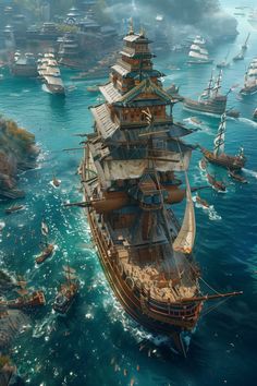 an artist's rendering of a pirate ship surrounded by other ships in the ocean