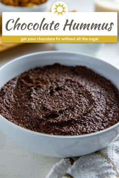 chocolate hummus in a white bowl on a table