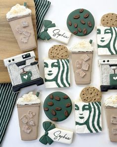 starbucks cookies are arranged in the shape of coffees and cookies with words on them