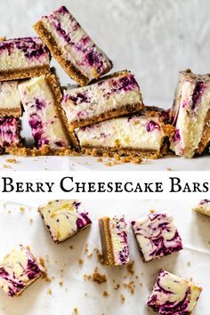 berry cheesecake bars cut into squares and stacked on top of each other