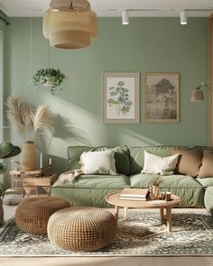 a living room with green walls and furniture