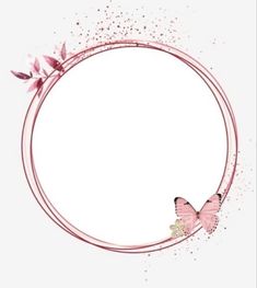 a circular frame with pink flowers and a butterfly in the center on a white background