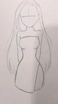 a drawing of a woman's body with long hair and no bra, standing in front of a white wall