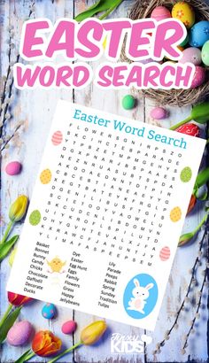 an easter word search with eggs and flowers