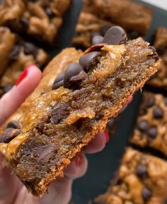 a hand holding a chocolate chip cookie bar